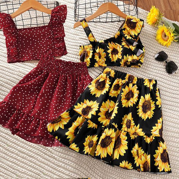 Ensembles de vêtements Teen Girl Beach Wear Costumes Sling Ruffle Midriffbaring Blouse Jupe de tournesol Tenues de vacances d'été Ensembles de robe florale en mousseline de soie W230210