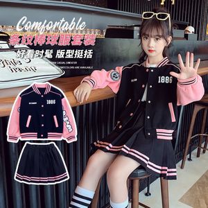 Kledingsets Teen Girls Autumn Suit honkbal uniform Spring Letter Patchwork jas jas geplooide rok 2 stks JK Outfits 4-14 j 230418