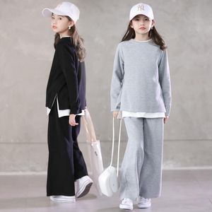 Conjuntos de ropa para chicas adolescentes, camiseta holgada de manga larga de primavera 2021, pantalones de pierna ancha, traje de 2 uds para niños, chándal de 14 años