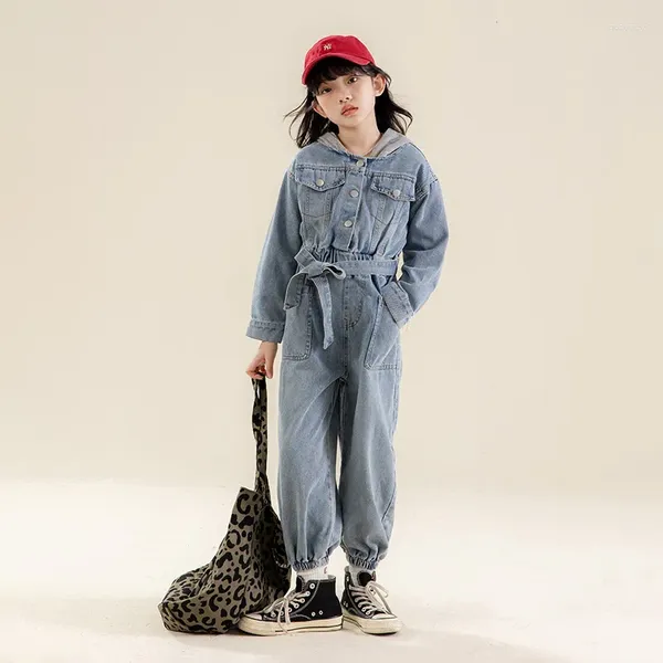 Ensembles de vêtements pour adolescentes, vêtements en Denim, combinaisons à capuche, ceinture surdimensionnée, élégante, salopette en jean pour enfants de 8 10 12 13 14 ans