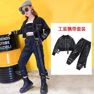 Kledingsets Tieners Kinderen Hip Hop Street Dance Outfit Enkele mouw Tops Zwarte broek Cool pak Meisjes 2pic Stage Performance Wear 14Y