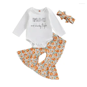 Kledingsets Thanksgiving Baby Babymeisje Kleding Brief Print Lange mouw Romper Pompoen Flare Broek Hoofdband Outfit