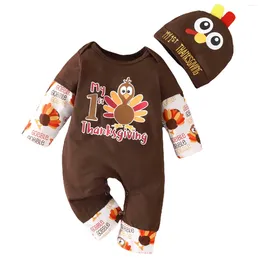Kledingsets Thanksgiving Toddler Girls Boys Long Sleeve Turkije Print Crawler Hat Set voor 0 tot 12 maanden Junior Pants