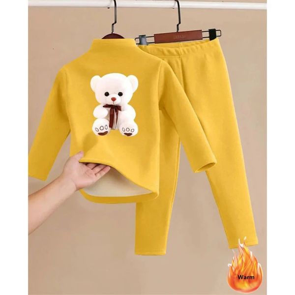 Conjuntos de ropa Ropa interior gruesa y cálida Traje para niños Invierno Niños Niñas Estampado de oso Tops de manga larga Conjunto Leggings para niños Pantalones 2 piezas 231115