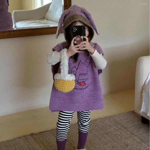 Vêtements Définit trois pièces automne bébé filles vêtements violets en tricot à imprimé animal