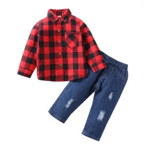 Kledingsets Toddle Baby Kids Boys Tweedelende set Plaid Checked Shirt Tops en gescheurde jeans Fashion Outfits Kleding Girl 4T