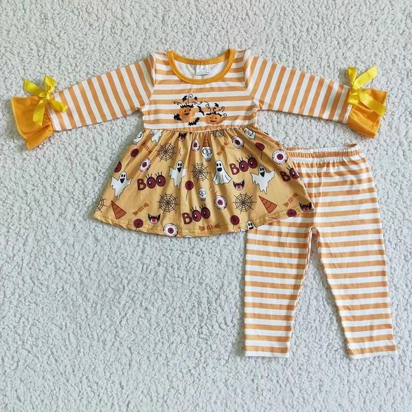 Sets de ropa Llegados para niños pequeños Fashion Fashion Baby Girls Halloween Ghost Stripe Bow Slewe Long Slewewer Trins Boutique Boutique Children