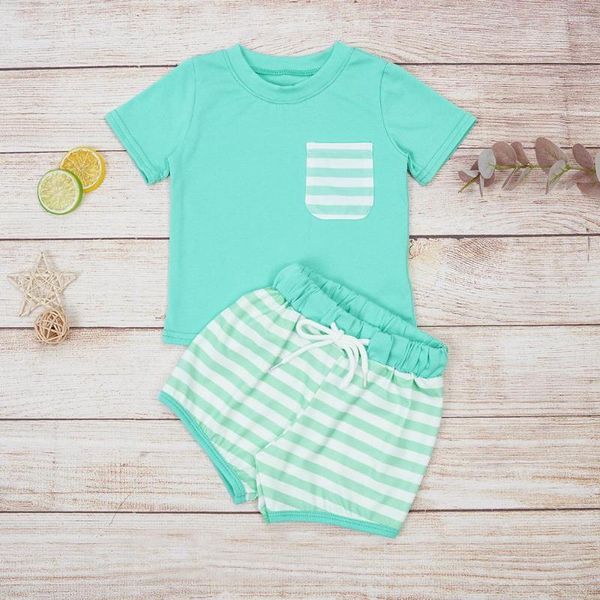 Conjuntos de ropa para niños pequeños Babi 1-8T, conjunto de ropa de algodón para bebés, mono de rayas verdes, camiseta de verano con mangas estilo menta, pantalones cortos para