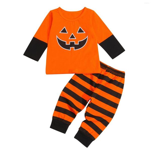 Ensembles de v￪tements pour tout-petit b￩b￩ 2pcs Halloween Tenues Smile Pumpkin Primp ￠ manches longues Pantalons ray￩s Set 1-5T