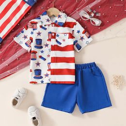 Ensembles de vêtements pour tout-petit bébé garçon 4 juillet tenue à manches courtes bouton de chemises short américain drapeau été hawaïi
