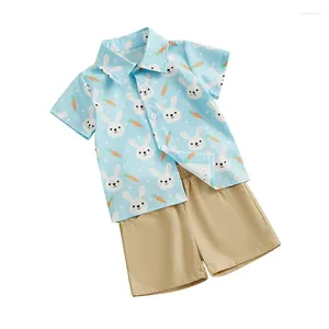 Kledingsets Peuter Baby Boy Paasoutfit Lange mouw Wortel Bloemenprint Button Up Shirt Top Shorts 2-delige set