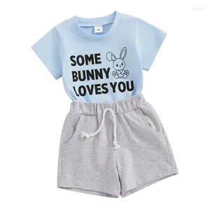 Ensembles de vêtements en bas âge pour bébé Baby Boy Tenues de Pâques à manches courtes Some Loves You Tshirt Top Shorts solides Set Notor Summer Clothes