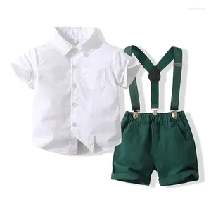 Kledingsets Peuter babyjongen formele korte set zomer gentleman outfit Kid Sleeve Bowtie Shirt Suspender Shorts Pak