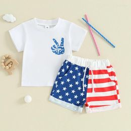Kledingsets Teuter Baby Boy Girl 4 juli Short Sleeve American Flag Peace Sign Hand T-Shirt Top Shorts 2pcs Set