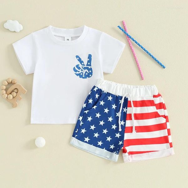 Ensembles de vêtements Toddler Baby Boy Girl 4 juillet à manches courtes Signe de paix American Peace Sign T-shirt Top Shorts 2pcs