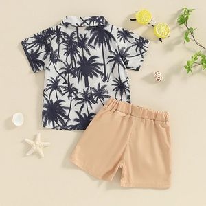 Vêtements d'été pour bébé garçon, vêtements d'été, imprimé d'arbre tropical, chemise boutonnée à manches courtes avec nœud papillon, short de couleur unie, ensemble hawaïen