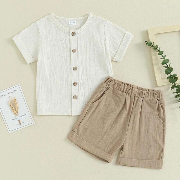 Conjuntos de ropa para niños pequeños, ropa de verano para bebés, ropa de algodón y lino con botones y cuello redondo, pantalones cortos elásticos, conjunto de traje para recién nacidos