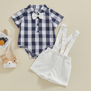 Kledingsets Peuter Baby Boy Zomer Herenoutfits Korte mouw Knoop Bowtie Geruite Romper Jarretelshorts