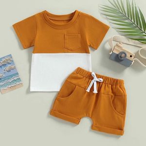 Ensembles de vêtements pour bébés garçons, t-shirt à manches courtes et lettres imprimées, pull à col rond, haut avec poche élastique, ensemble de vêtements d'été