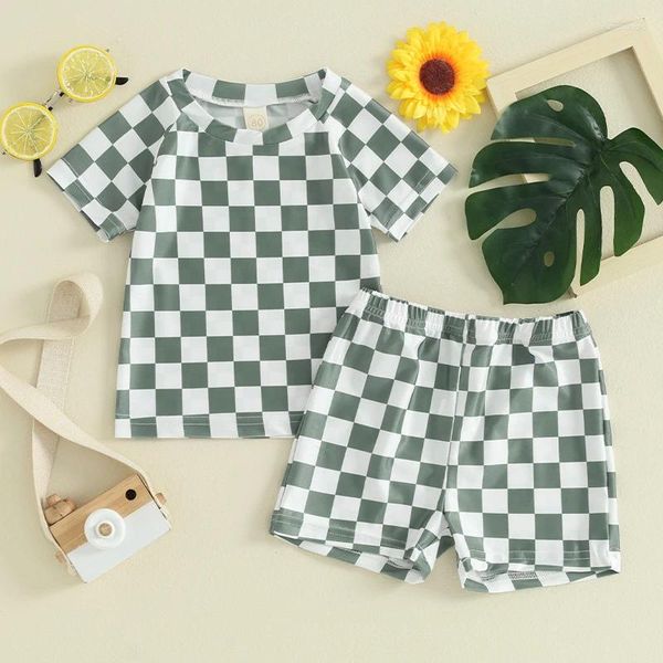 Conjuntos de ropa para niños pequeños, traje de baño de verano con estampado a cuadros, camisetas de natación de manga corta, conjunto de pantalones cortos, traje de baño, ropa de playa