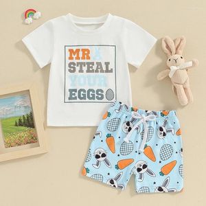 Kledingsets Peuter Baby Jongens Paasoutfits Letterprint T-shirt met korte mouwen en elastische shorts Babykledingset