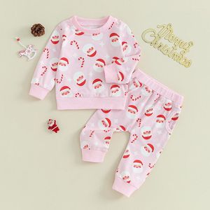 Kledingsets Peuter Baby Meisje 2-delige kerstkledingset Kerstman Snoepgoed Print Lange mouw Sweatshirt met ronde hals Tops Broek Trainingspak