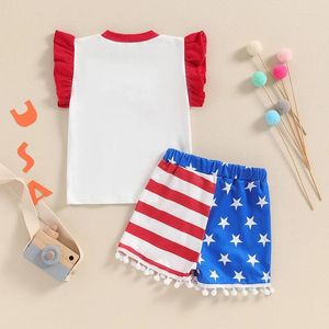 Ensembles de vêtements Toddler Baby Girl 4 juillet Tenues Ruffle America Sweetheart T-shirt Star Stripe Shorts Tassel Set