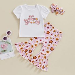 Kledingsets Peuter Baby Girl Birthday Outfit Twee groovy bloemen borduurwerk korte mouw T-shirt bovenste flare broek set