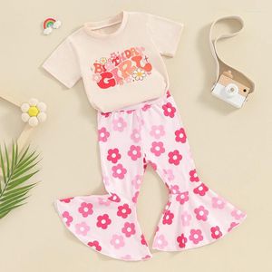 Ensembles de vêtements pour bébés filles, tenue d'anniversaire, manches courtes, t-shirt avec lettres, haut imprimé floral, pantalon évasé, ensemble de 2 pièces