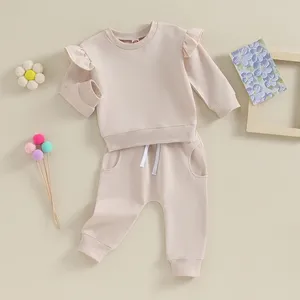 Kledingsets Toddler Baby Girl Boy Outfits 2 -delige sweatsuitset ruche ruches lange mouw crewneck sweatshirt en trainingsbroek stevige kleding
