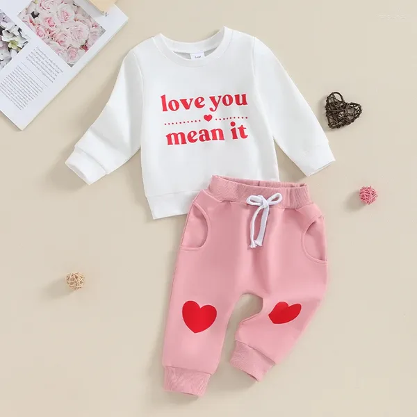 Sets de ropa para niños pequeños Boy Boy S Valentine S Day Carta de ropa impresa sudadera Patrón de corazón Pantalones 2 PCS Outfit