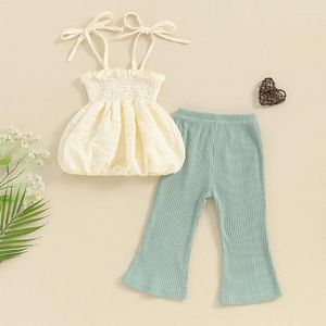 Kleding sets peuter babymeisje kleren 2 stks mouwloze gegolfde cami top gesmokte geribbelde flare broek set zomer outfit