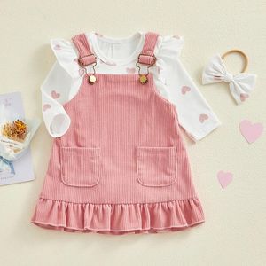 Conjuntos de ropa para bebé niña conjunto de ropa con volantes de corazón de manga larga mameluco mono con tirantes faldas diadema 3 piezas trajes