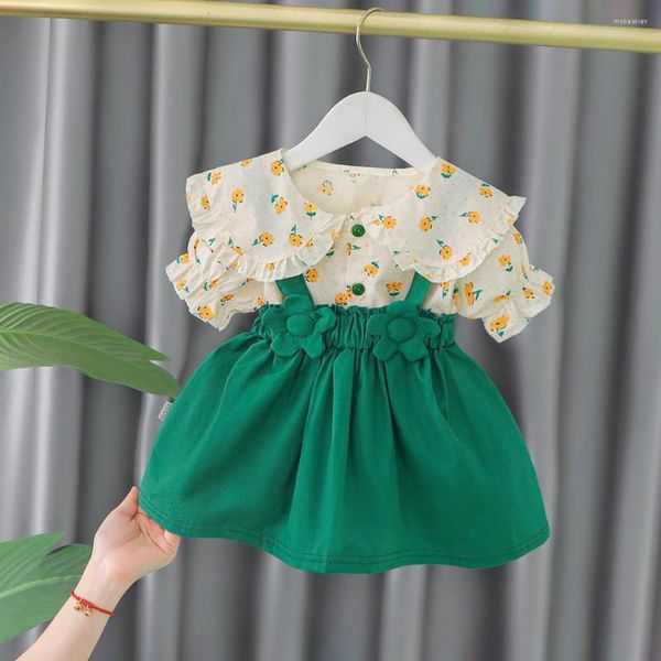 Ensembles de vêtements enfant en bas âge bébé fille ensemble de vêtements revers à volants imprimé fleuri petit haut fleurs robe à bretelles costume de mode d'été