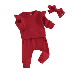 Ensembles de vêtements en bas âge pour bébé Vêtements de fille de couleur Couleur de couleur Sweat-shirt à volants et pantalon de taille élastique