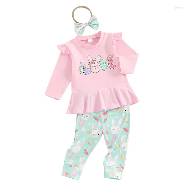 Ensembles de vêtements Toddler Baby Girl Pâques Téniture de Pâques Imprimé T-shirt à manches longues avec pantalon et bandeau de 3 pcs