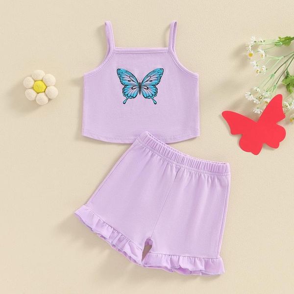 Juegos de ropa para niños pequeños ropa de verano Casaul Butterfly estampado Correa de espagueti Tops la cintura elástica pantalones cortos con volantes 2pcs