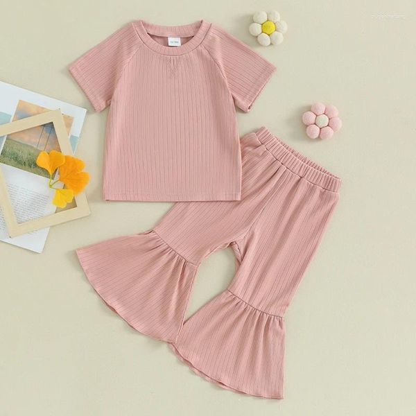 Ensembles de vêtements pour bébés filles, vêtements d'été, couleur unie, tricot côtelé, haut, pantalon évasé, bas de cloche, tenue 2 pièces