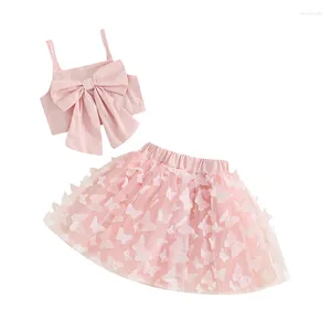Conjuntos de ropa Vestido de verano para niña pequeña, Top corto rosa claro, tanque con lazo, falda de tutú de tul, conjunto de 2 uds., traje de pastel