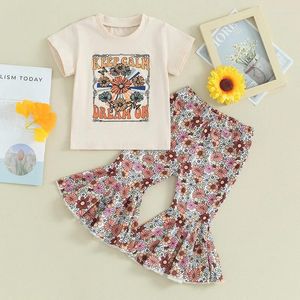 Ensembles de vêtements pour bébés filles, tenue d'été, t-shirts à manches courtes, hauts, pantalons évasés à fleurs, style Boho Vintage, 6M-4T