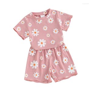 Ensembles de vêtements pour bébés filles, tenue d'été, imprimé floral, côtelé, à volants, T-shirt à manches courtes, Short, 2 pièces, vêtements mignons