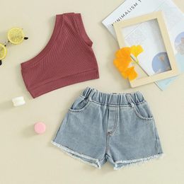 Kledingsets Peuter Baby Girl Zomer Outfits Solide kleur Een schouder geribbelde crop top met highwaist trek aan denim shorts 2pcs