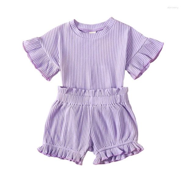 Conjuntos de ropa para bebé niña, trajes sólidos de verano, cuello redondo, volantes, manga corta, camisa acanalada, pantalones cortos, conjunto de ropa infantil