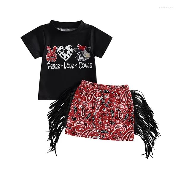 Ensembles de vêtements pour tout-petit bébé fille occidentale d'été occidentale Pace Love Love Vaches à manches courtes T-shirt Imprimé de vache Primper Tassel 2pcs Clothes Set