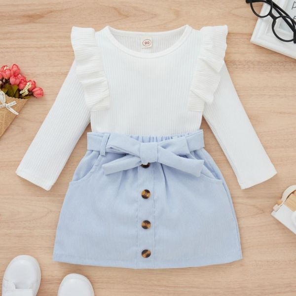 Ensembles de vêtements pour bébés filles, tenue 2 pièces, hauts à manches longues tricotés à volants côtelés + jupe crayon à boutons de couleur unie