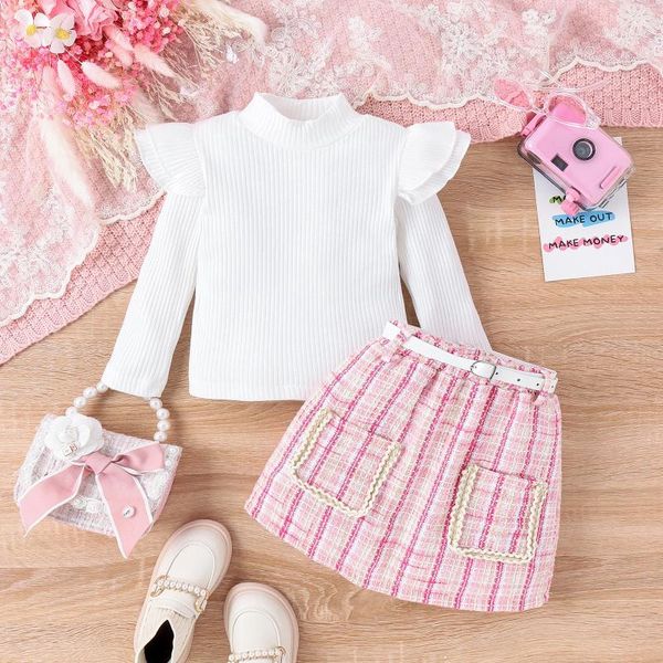 Conjuntos de ropa para bebés pequeños, 2 uds., conjunto de ropa de falda, suéter de cuello alto de manga larga a la moda, cinturón a cuadros, traje de otoño e invierno para niños