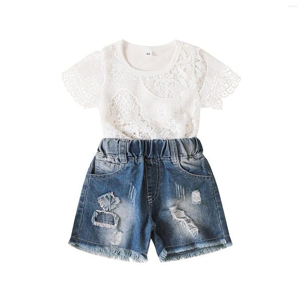 Conjuntos de ropa para bebés pequeños, 2 piezas, trajes de verano, manga corta, cuello redondo, tops de encaje, pantalones cortos de mezclilla rasgados, conjunto 6M-4T