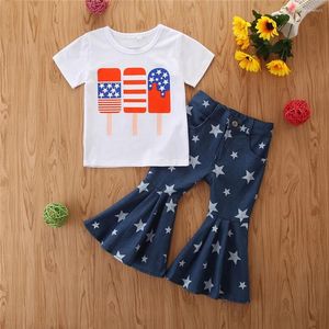 Kledingsets Toddler Baby Girls 4e- van-July t-shirt jeans bel-bodem broek outfits set meisje kleren 4t