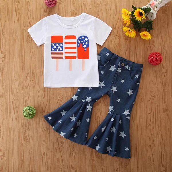 Ensembles de vêtements pour les petites filles de bébé 4e - de-juillet jeans jeans Bell-Bottoms Pants tenues Set Girl Clothes 4T