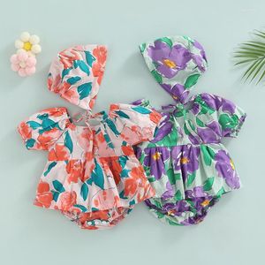 Kledingsets Peuter Baby Girls Bodysuits With Hat Tweed Piece Floral Print Rompers Dress Summer Kids Kort Mouw Tutu Jumpsuits Kleding